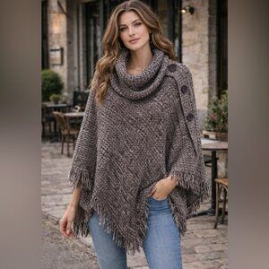 INC one size burgundy poncho turtle neck styled, button shoulder accents, fringe